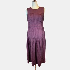 Wedding Guest Dress Plum Purple Pleated Sheath Midi Size L Vamp Goth